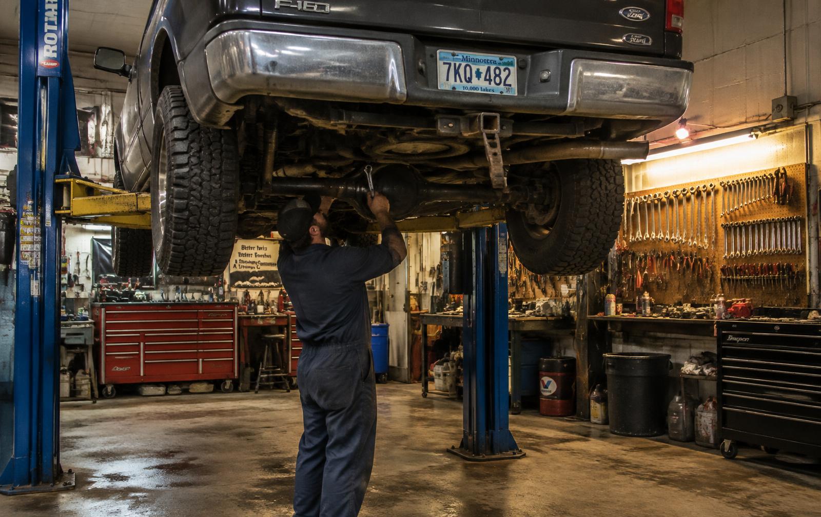 Truck on a lift in a garage bay