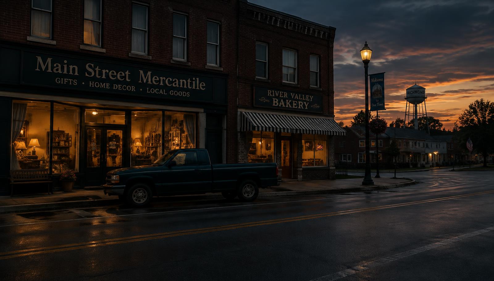Small-town Ohio shopfront lit up at dusk with a truck parked out front