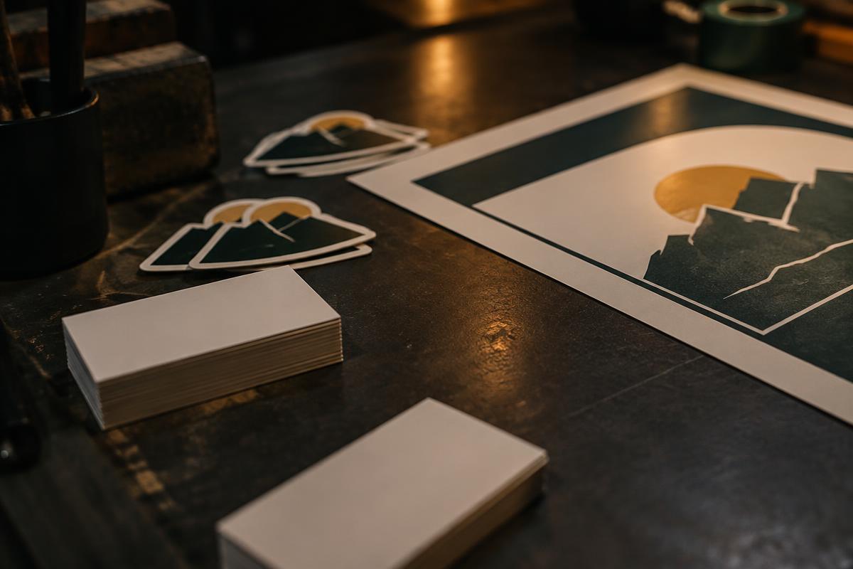 Printed cards, decals and a sign proof on a workbench