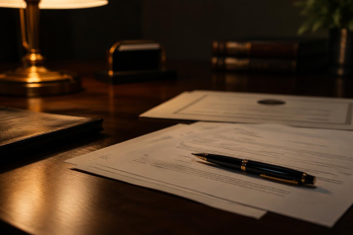 Business formation paperwork and a pen on a dark desk