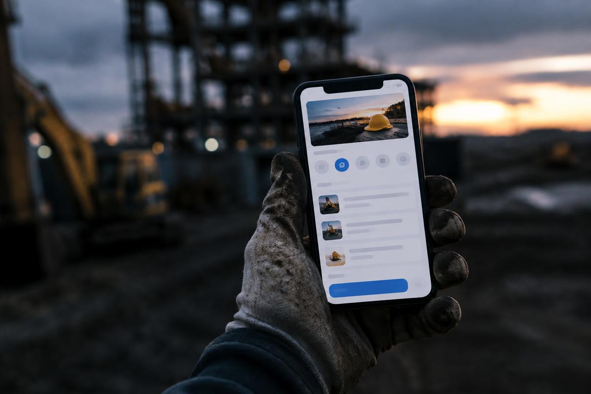 A work glove holding a phone showing a website on a jobsite