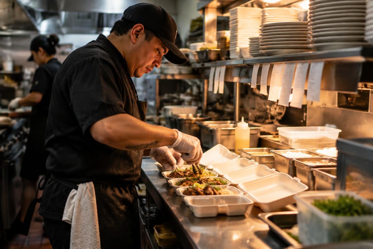 Busy small kitchen with tickets on the rail