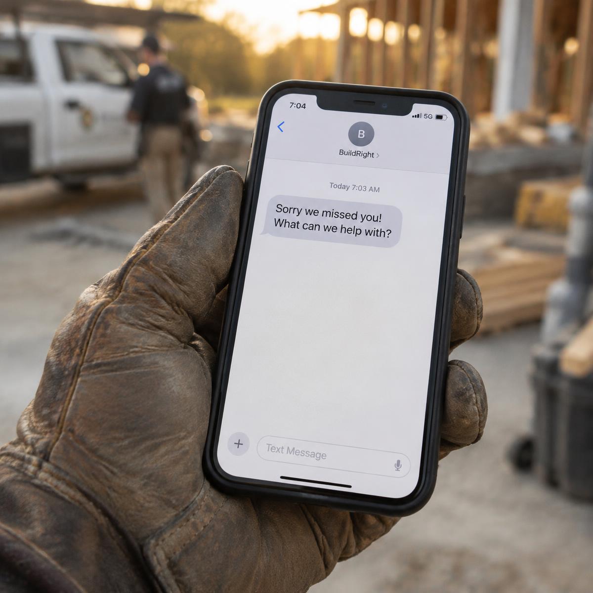 Gloved hand holding a phone with a missed-call text