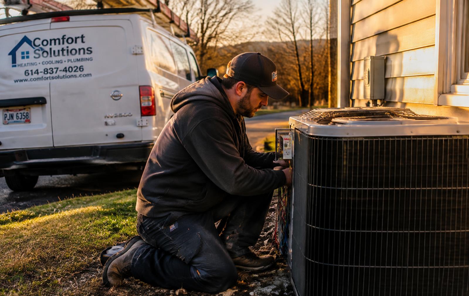Tech kneeling at an outdoor AC unit, van behind him