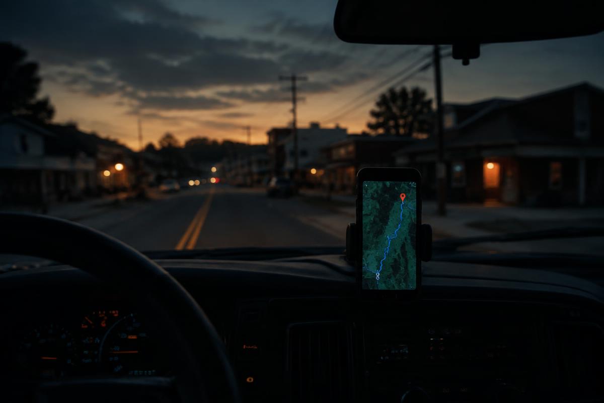 Phone mounted in a truck showing a map with a pin