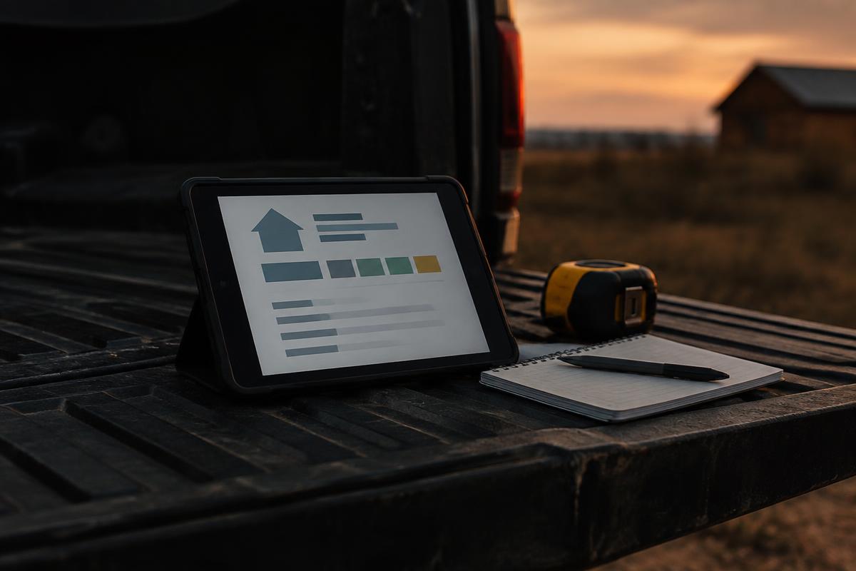 Tablet on a truck tailgate showing an estimate screen