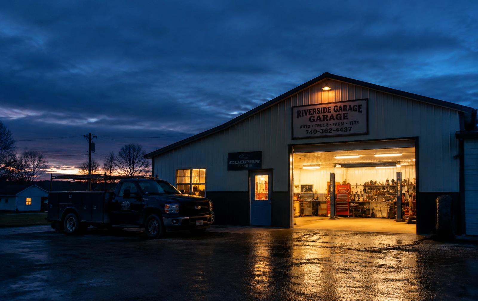 Small-town shop at dusk with the lights on