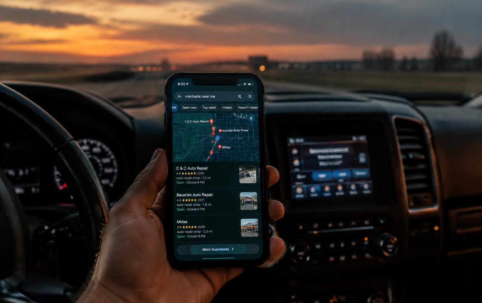 Phone showing a local map search in a truck cab